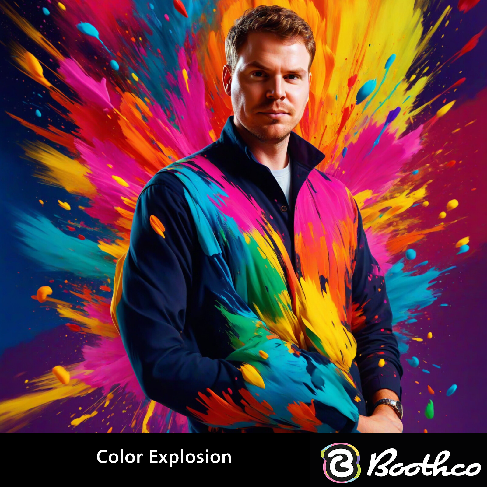 A person stands against a vibrant background of colorful paint splashes that appear to coat their jacket.