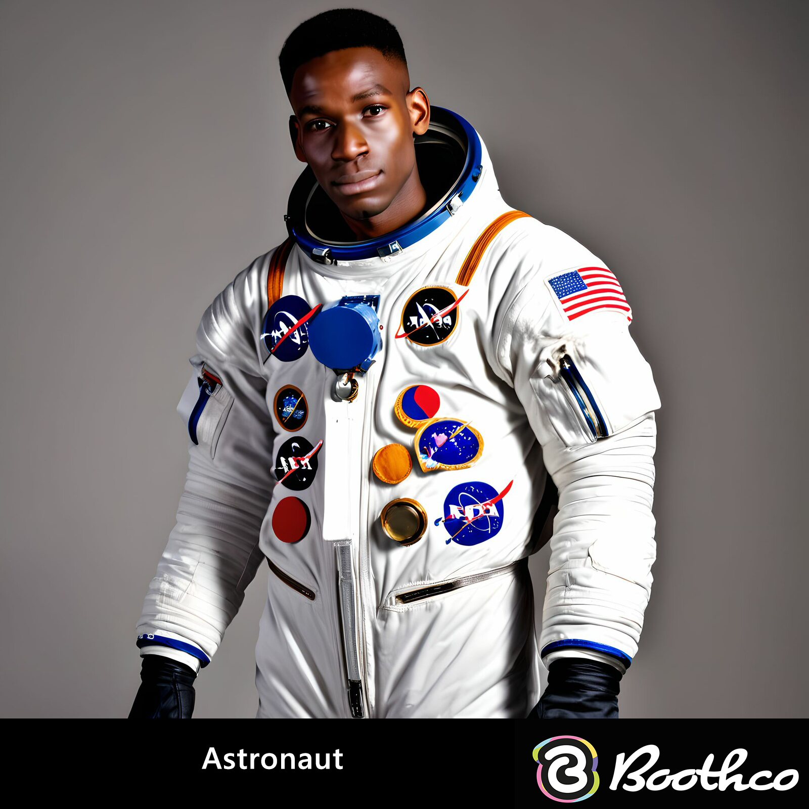 A person wearing a white NASA spacesuit with various mission patches, posing against a solid grey background.