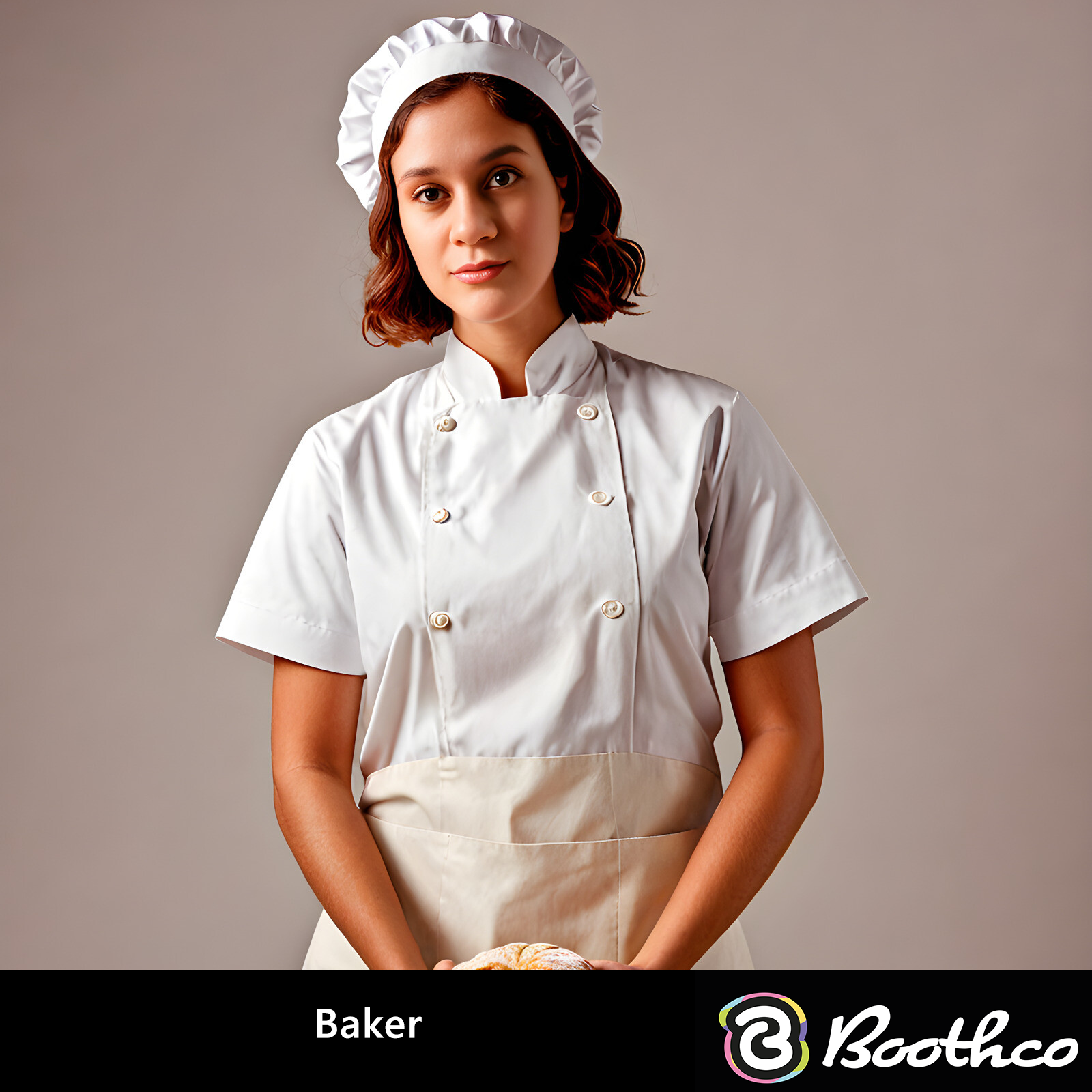 A person wearing a chef's hat, white uniform, and apron stands against a plain background, holding a round bread loaf.