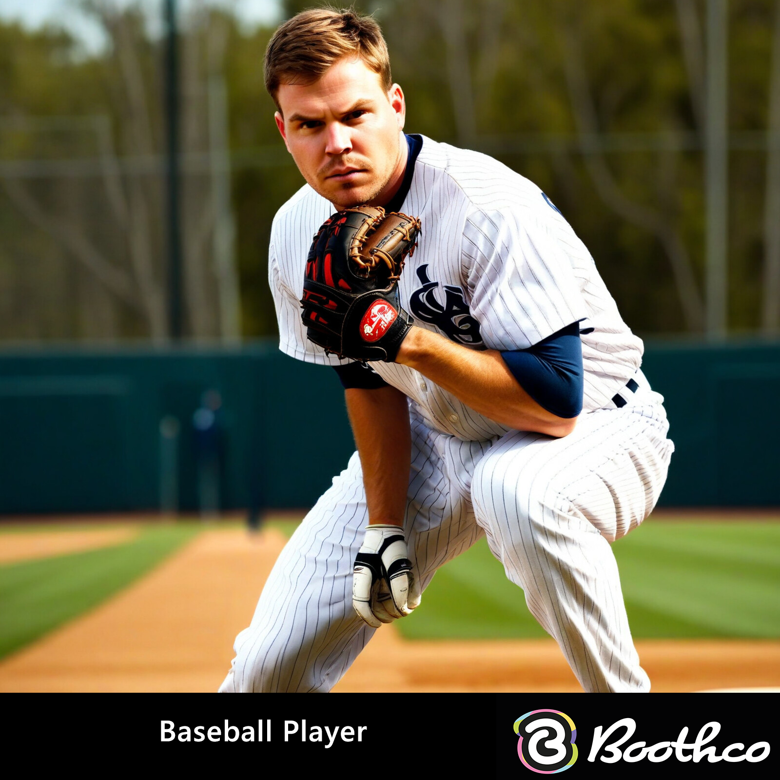 A baseball player in pinstriped uniform crouches on a field, holding a glove and ball, looking toward the camera.
