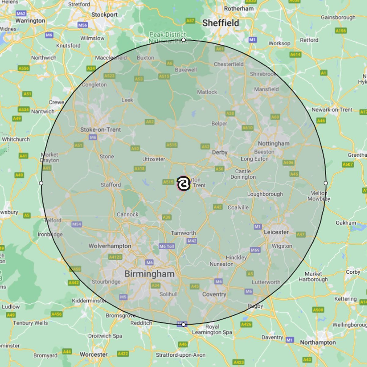 A map showing a circular radius overlay centered on the East Midlands, including Birmingham, Nottingham, and Sheffield.