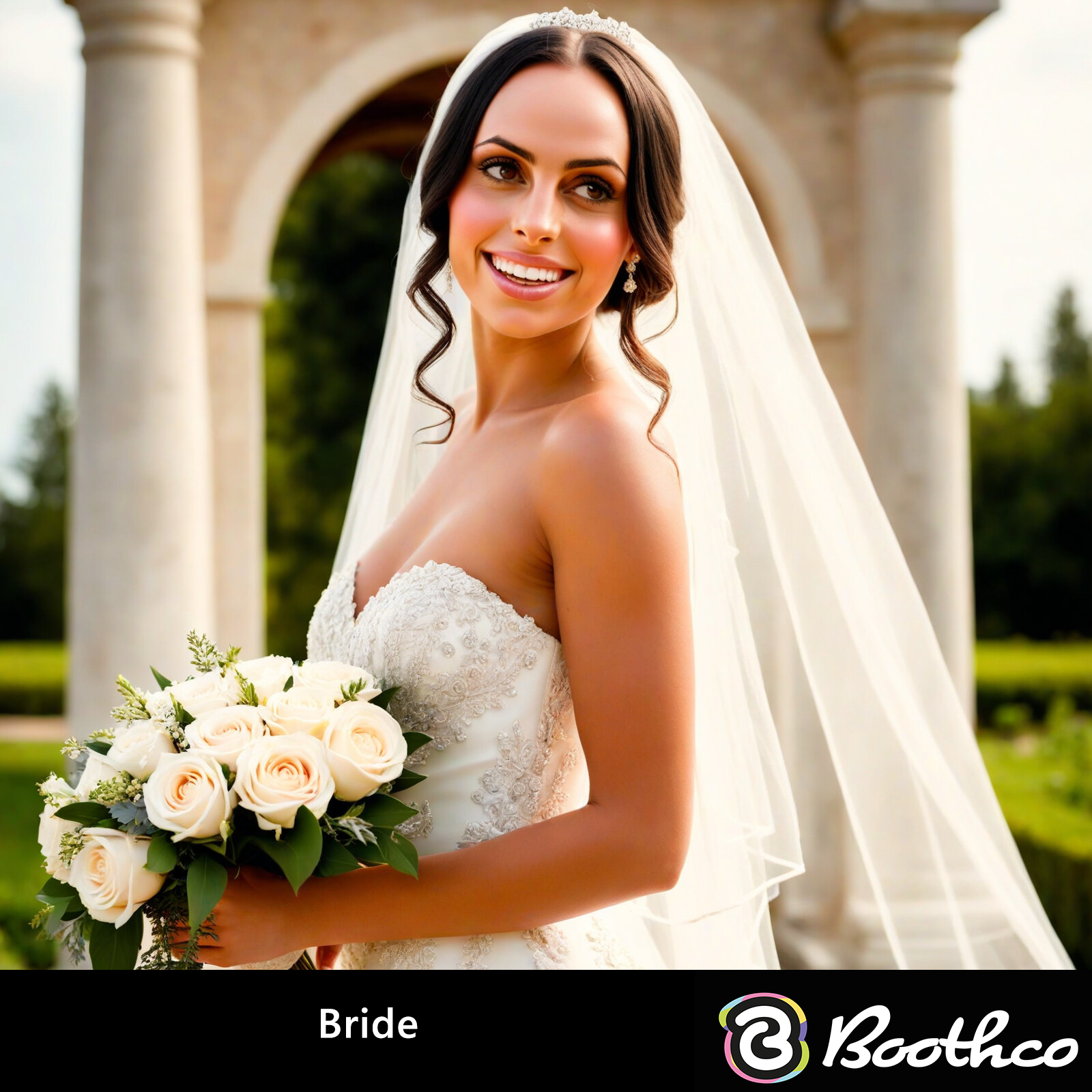 A smiling bride holds a white rose bouquet, wearing a strapless lace gown and veil outdoors near stone pillars.