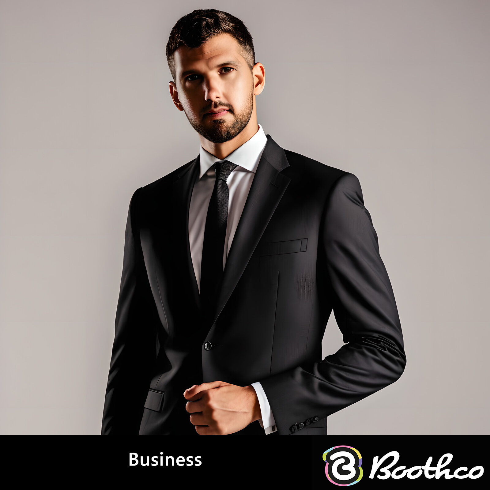 A man in a black suit, white shirt, and dark tie poses professionally against a plain grey background.