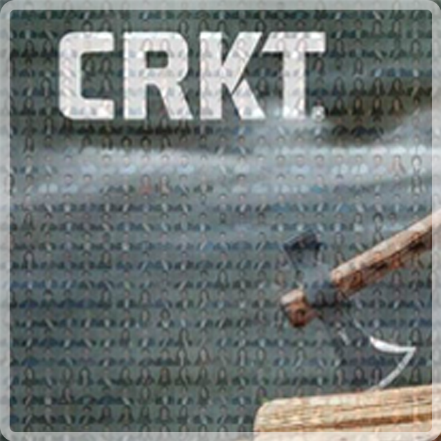 The CRKT logo in white over a background of repeating knife patterns, with a hand-held hatchet chopping wood below.