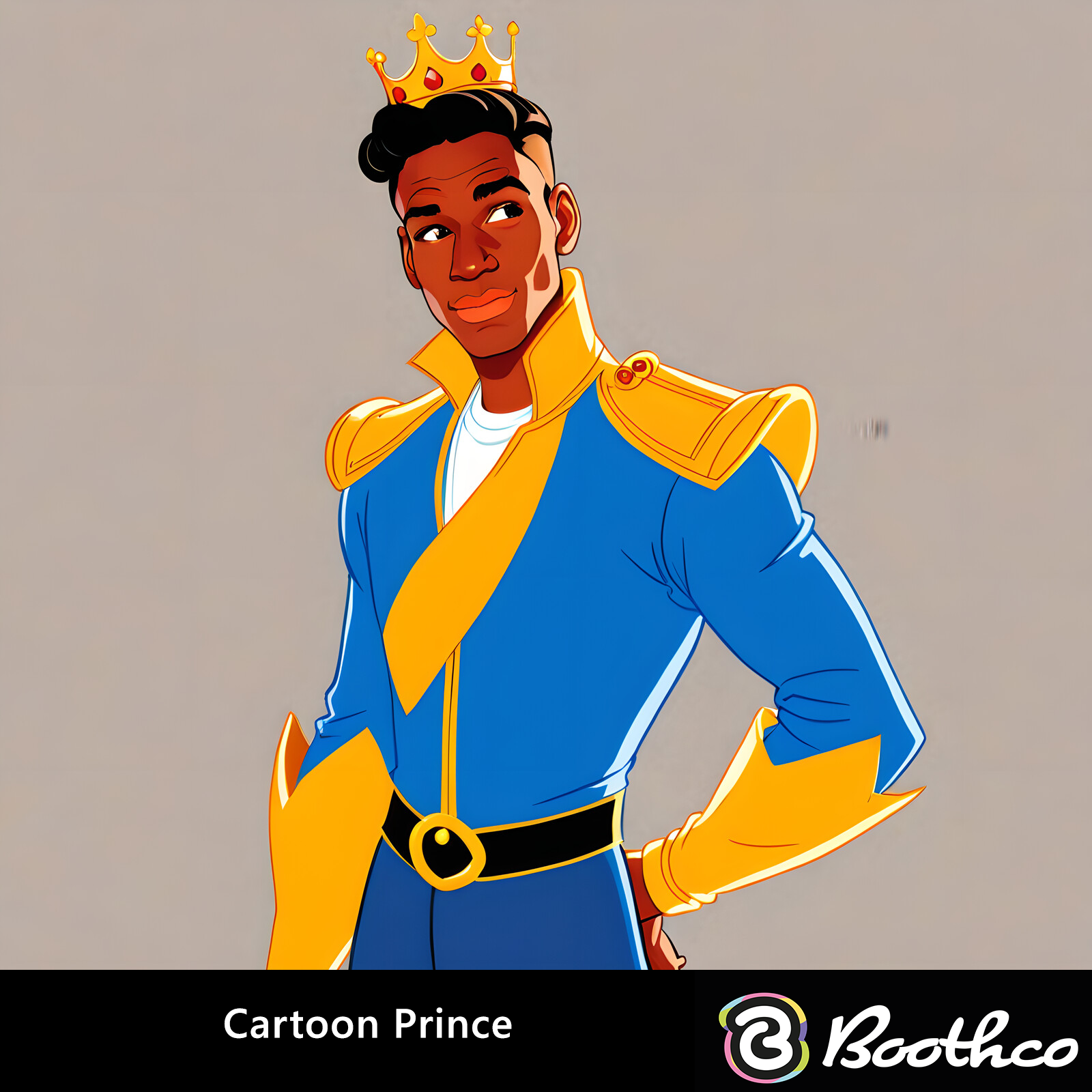 An illustrated prince wearing a blue and gold uniform with a crown, looking to the side against a neutral gray background.