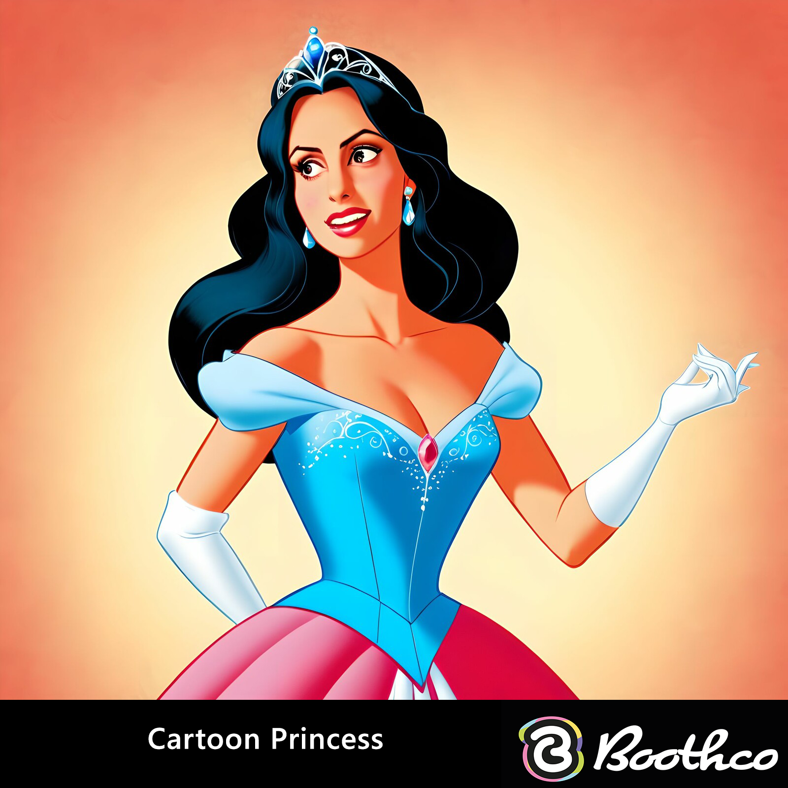 Animated princess in a blue corset dress, white gloves, and tiara against a soft orange background.