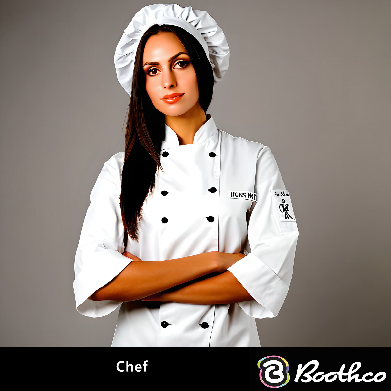 A person in a white chef coat and hat with arms crossed, posing against a solid grey background.