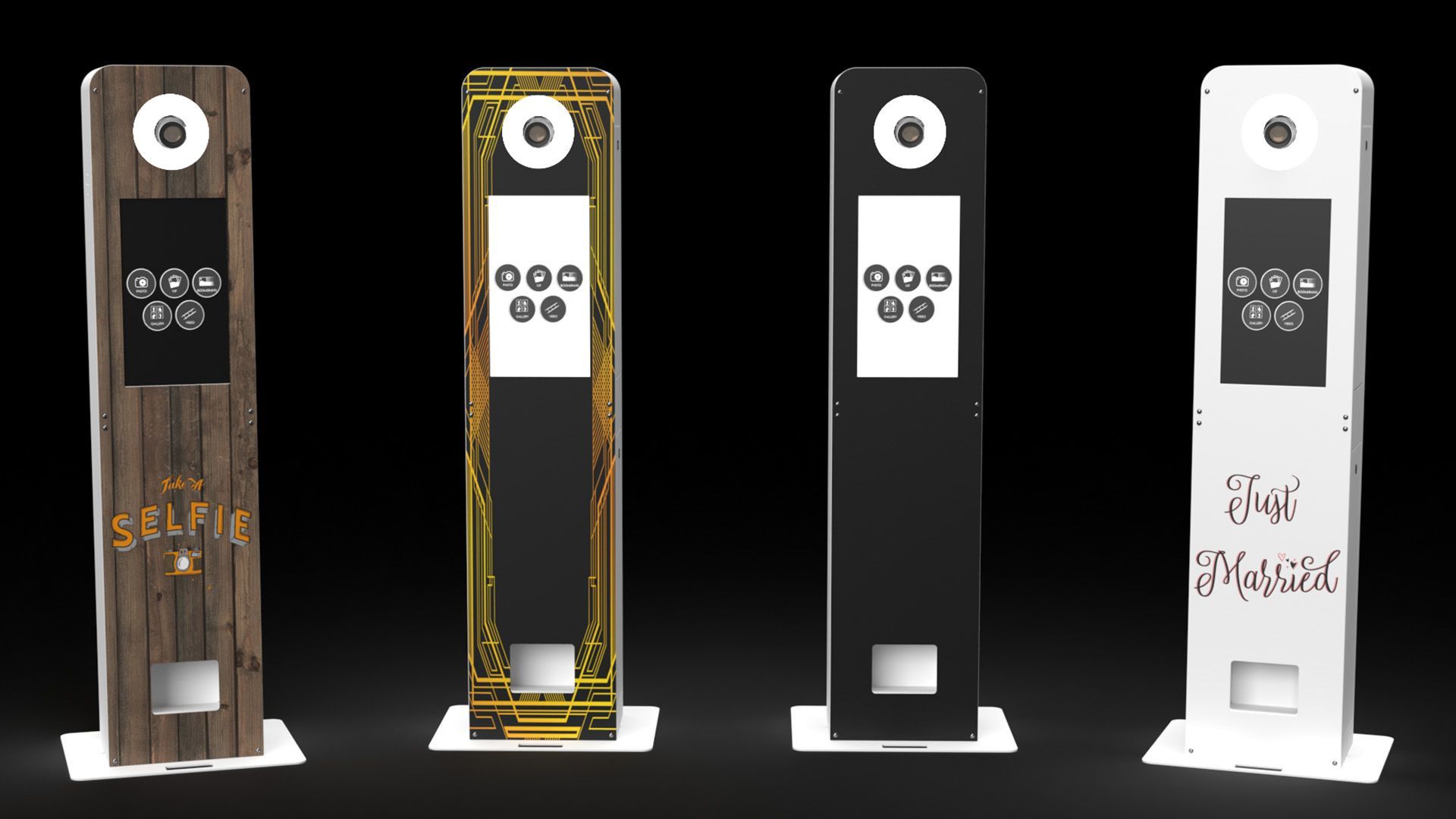 Four sleek, standing photo booth kiosks in wood grain, gold filigree, black, and white finishes against a black background.