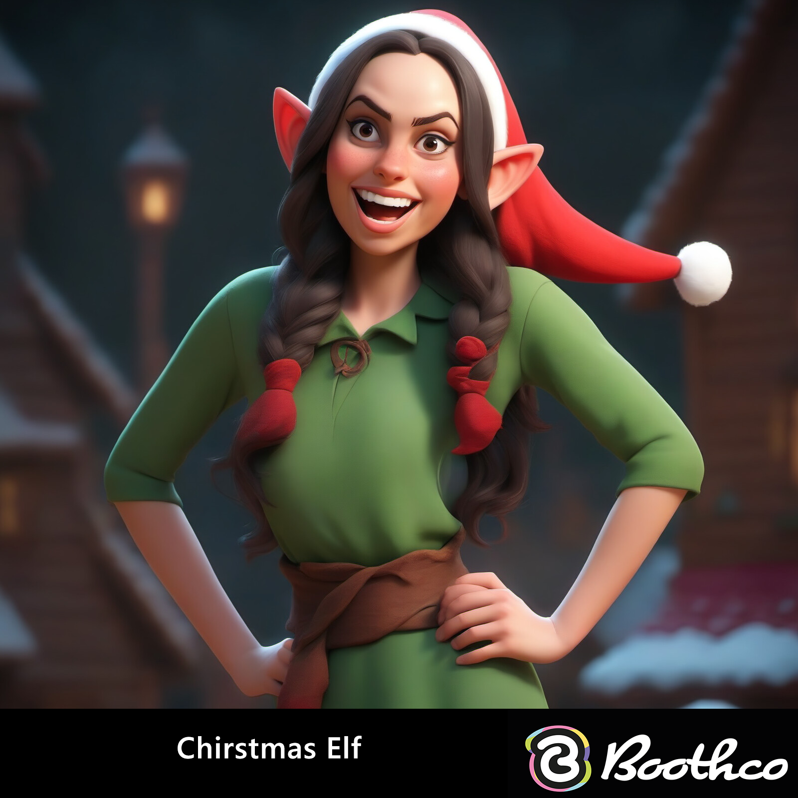 A Christmas elf with long braids, wearing a green tunic and a red Santa hat, smiles with hands on hips in a snowy village.