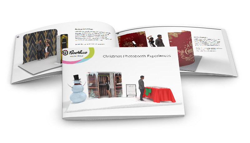 An open brochure showing various holiday-themed trade show booth display concepts.