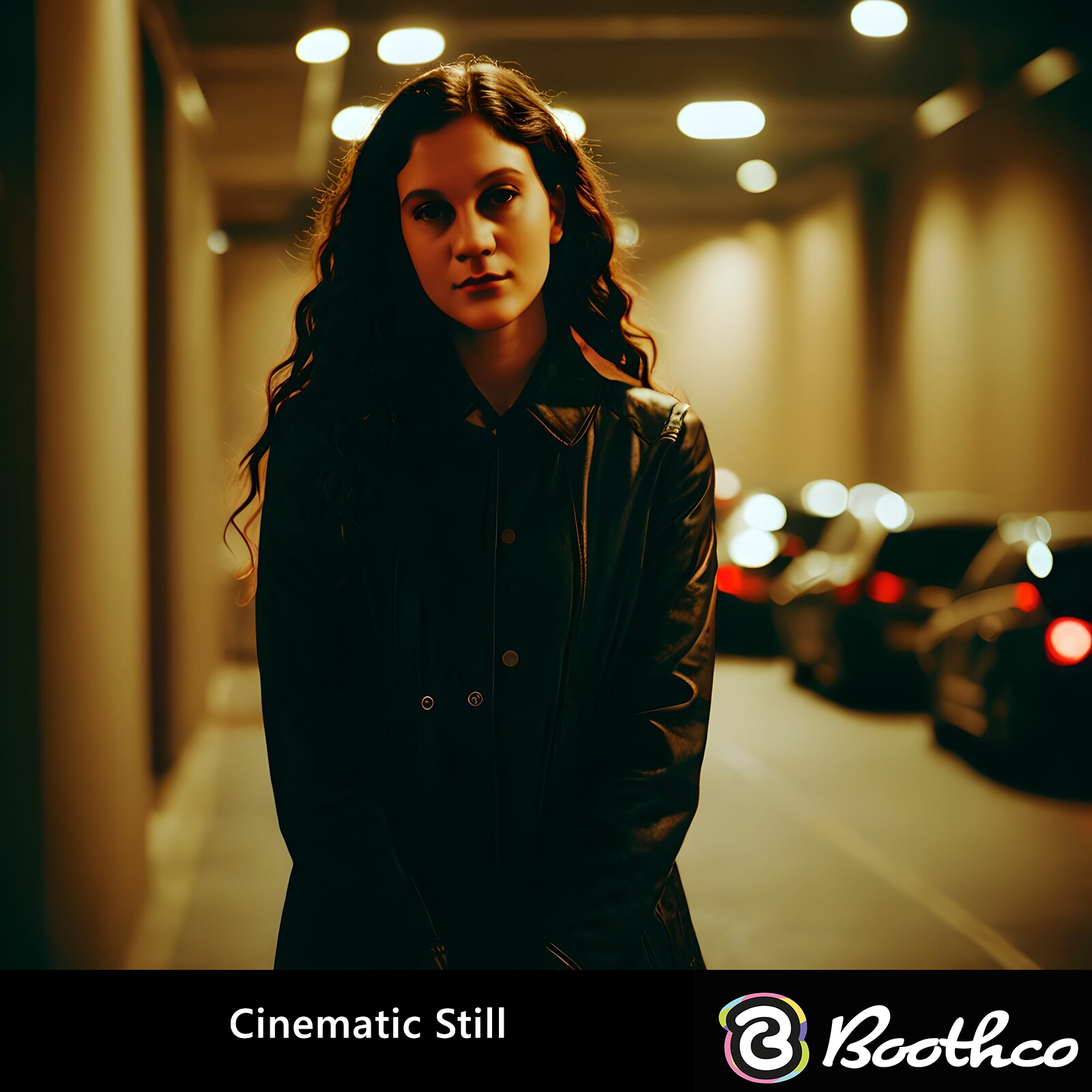 A person with long wavy hair wears a dark jacket in a dimly lit, amber-toned parking garage with blurred car taillights.