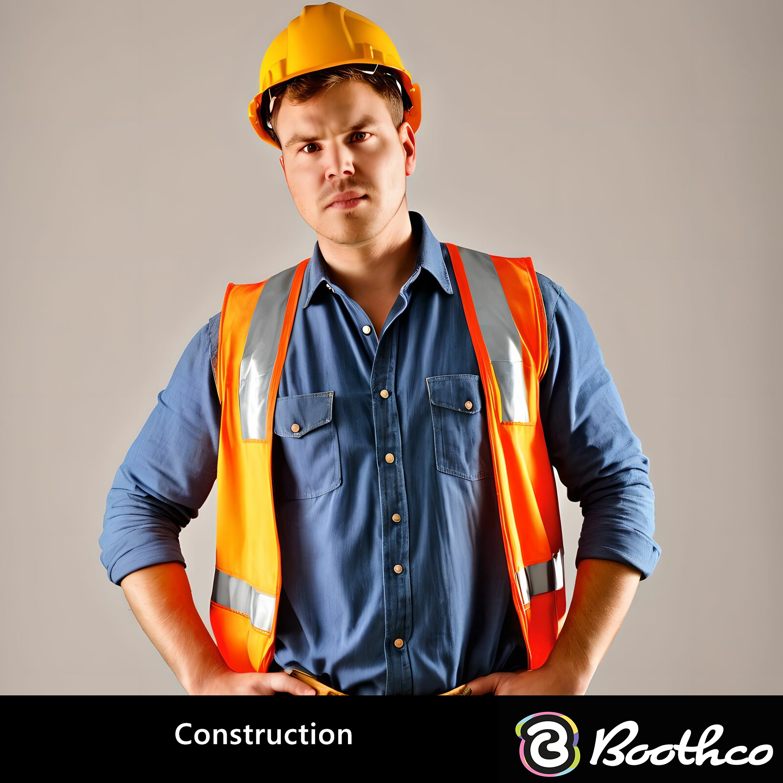 A construction worker wearing a hard hat and an orange high-visibility safety vest stands against a plain background.