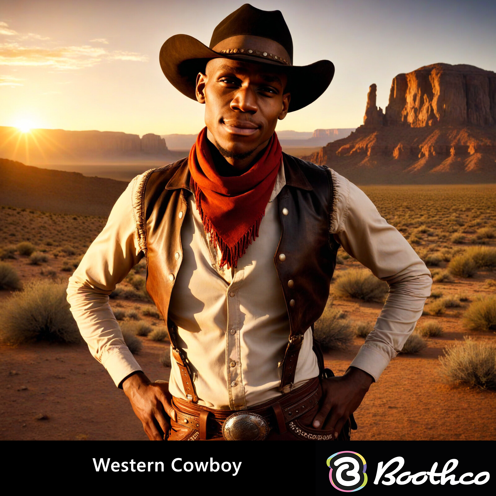 A person wearing a cowboy hat, vest, and bandana stands in a desert landscape with large rock formations at sunset.