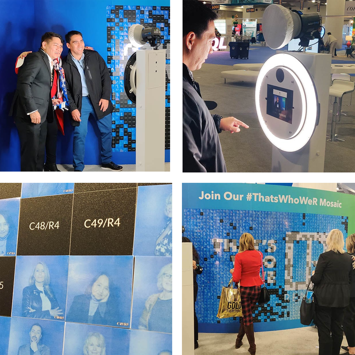 A four-panel collage showing a photo booth event, people taking photos, a numbered wall display, and a mural being built.