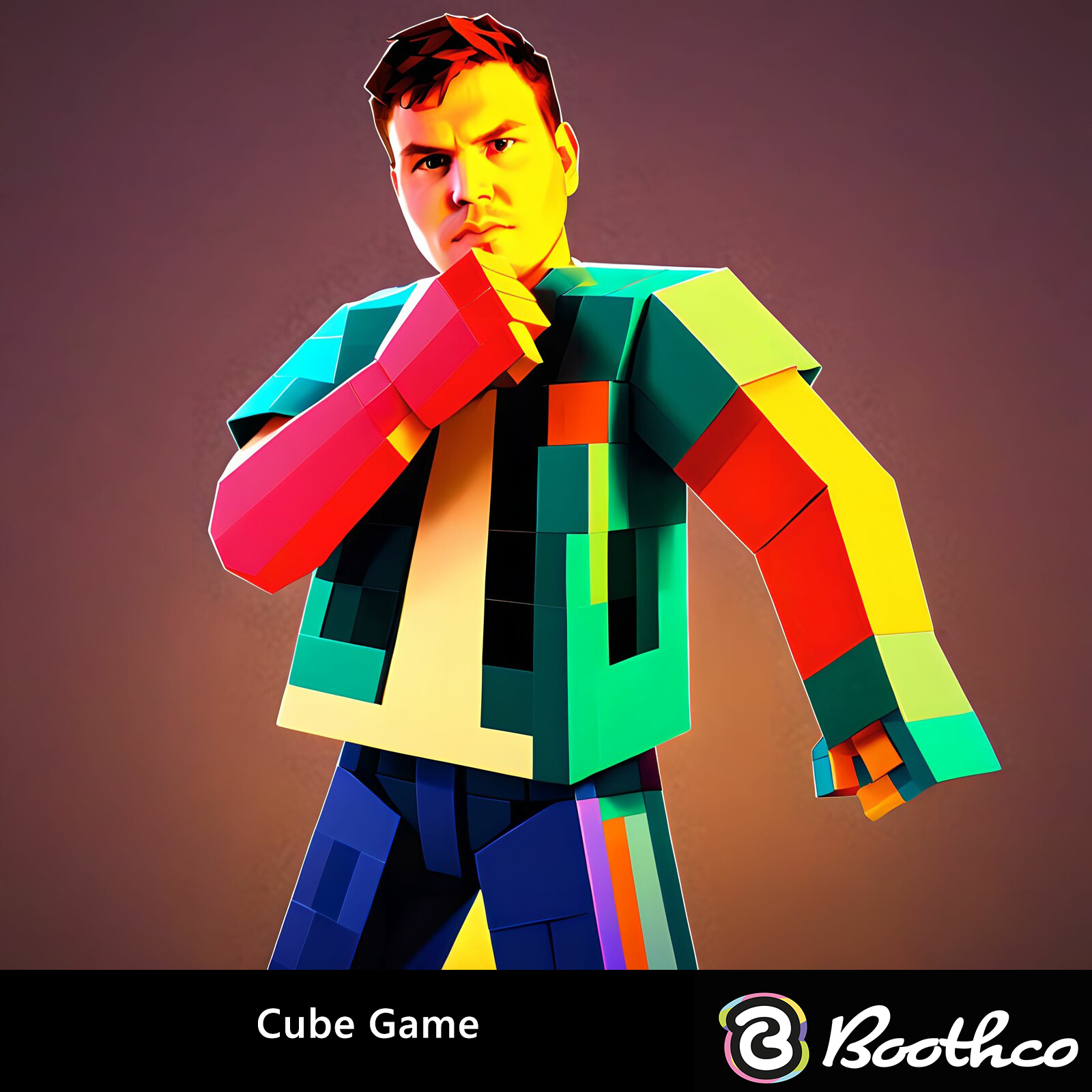 A person with a blocky, digital-style torso and limbs poses with arms raised against a plain, dark background.