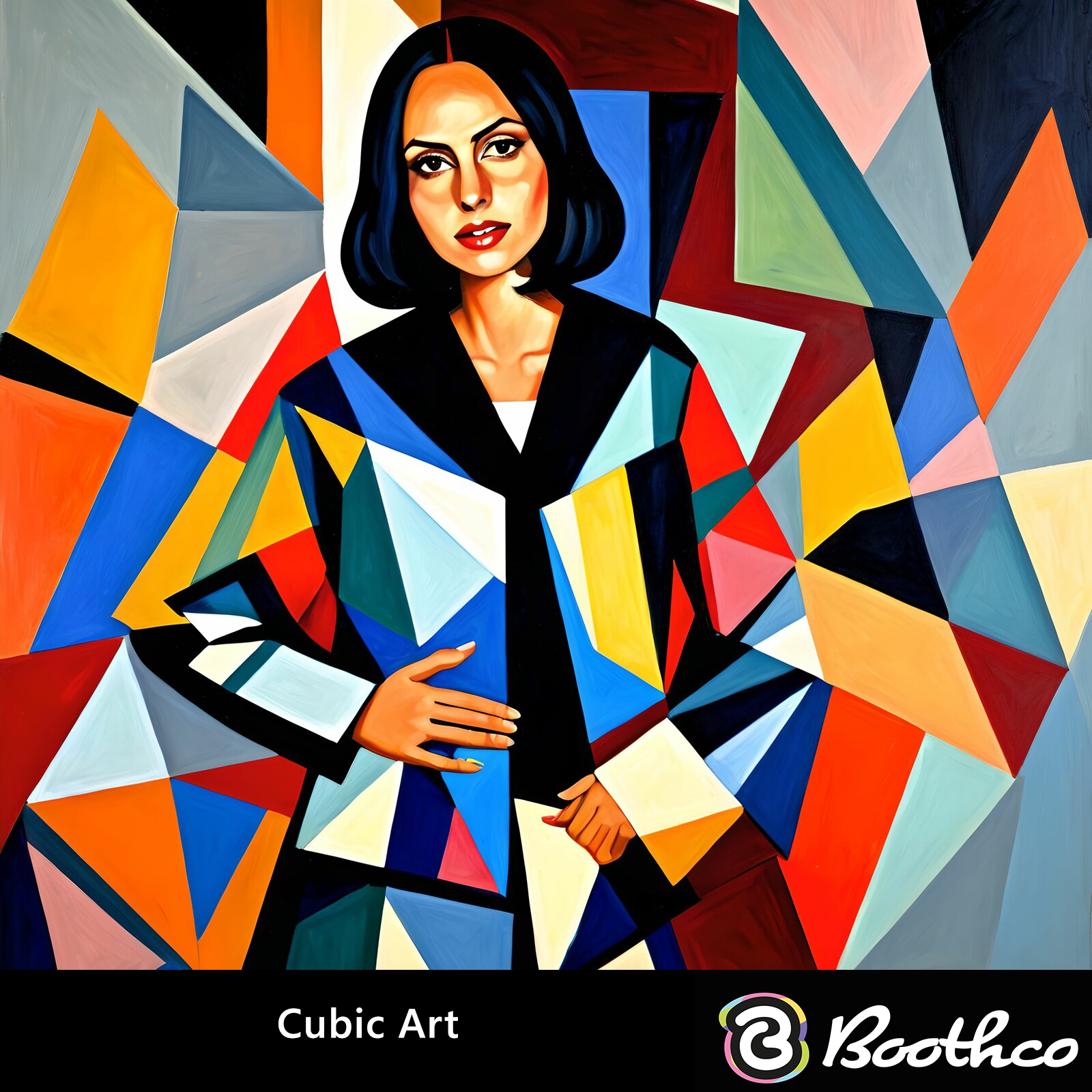 A portrait of a person in a colorful, geometric cubist-style outfit against a background of abstract, multicolored shapes.