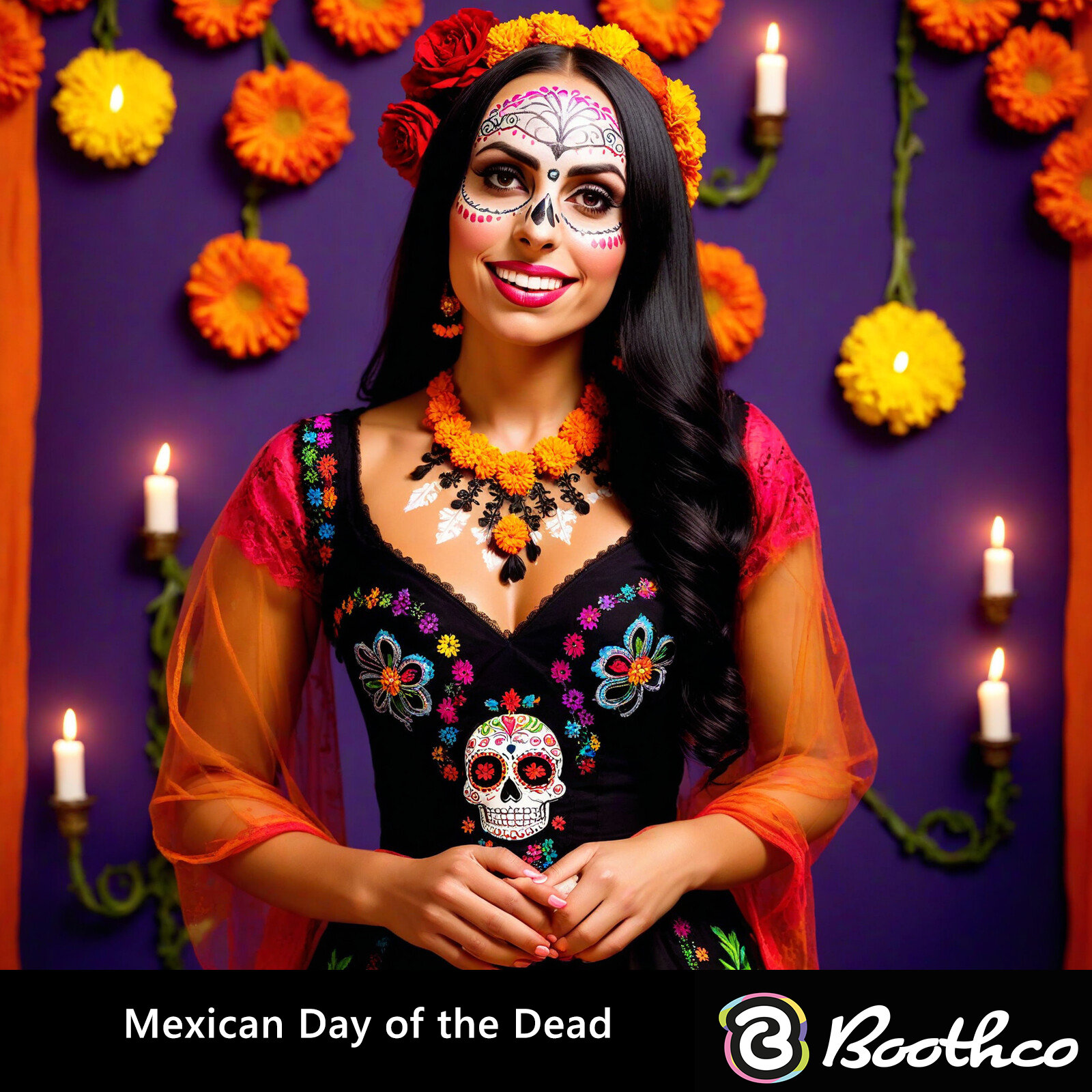 A person with calavera face makeup wears a black dress with a skull motif, surrounded by orange flowers and lit candles.