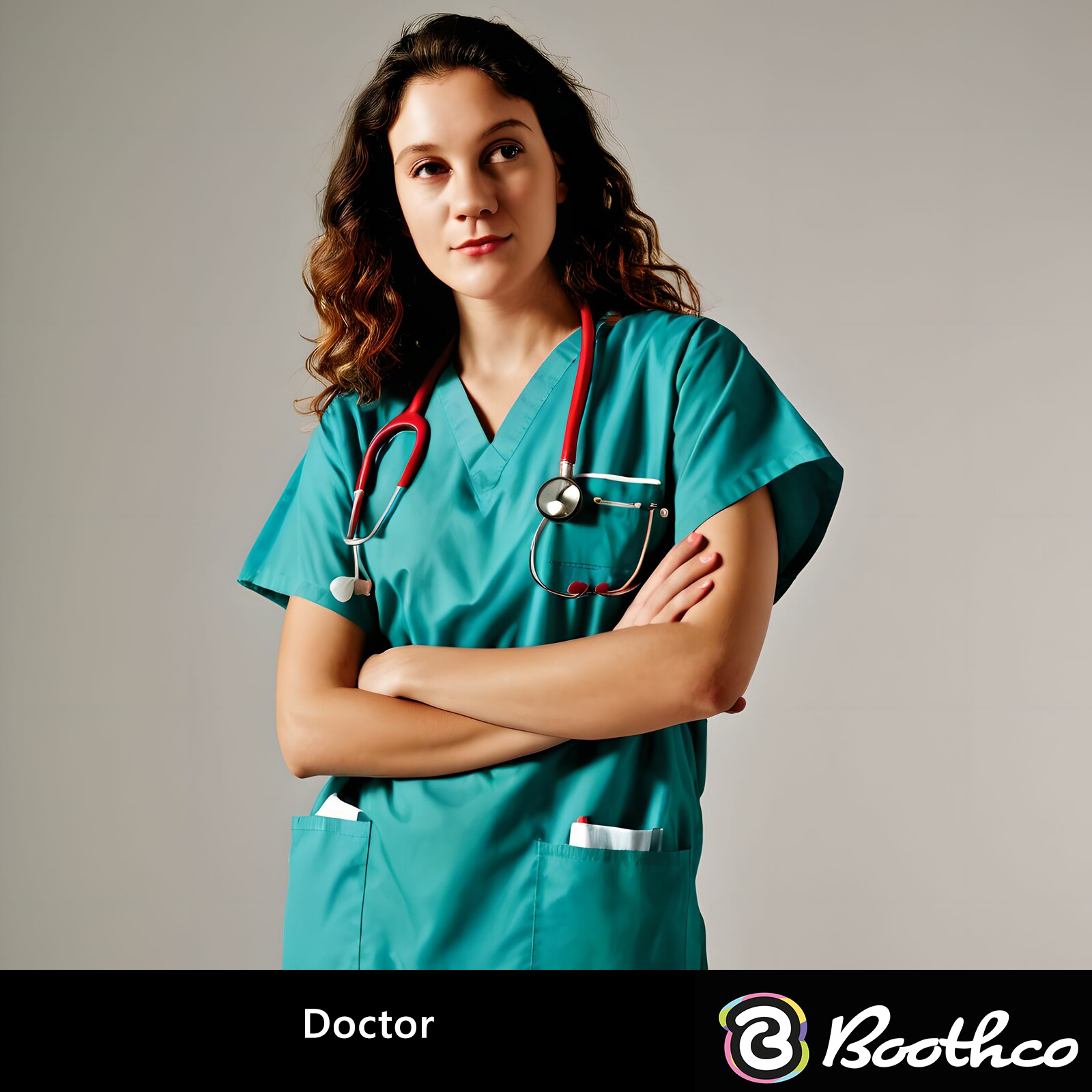 A healthcare professional wearing teal scrubs and a stethoscope with arms crossed, standing against a neutral background.