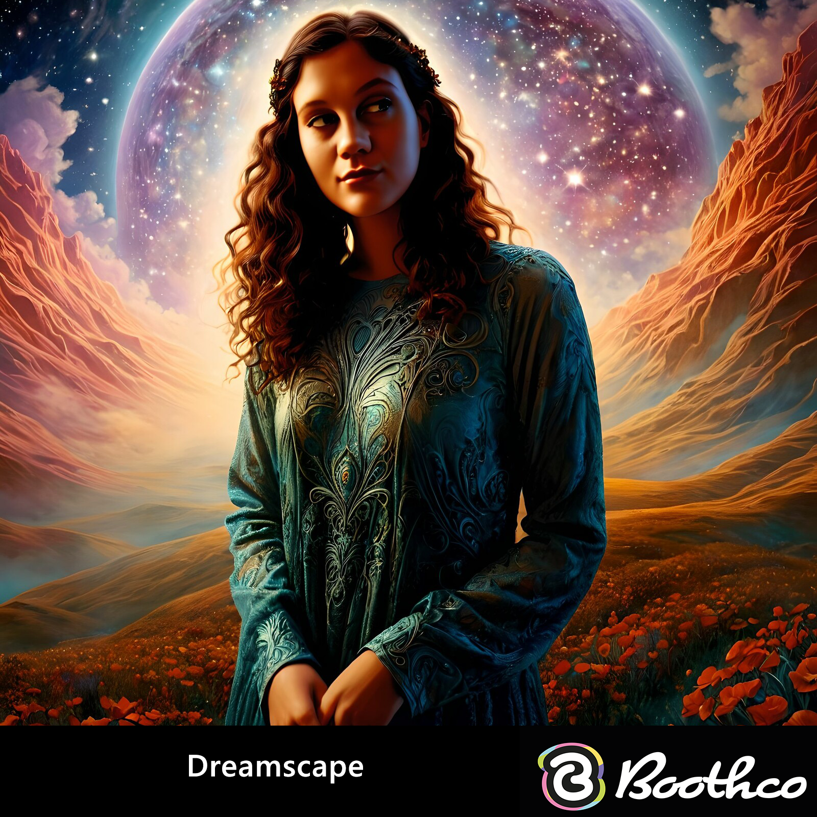 A person in a shimmering blue gown stands in a surreal landscape with orange mountains, red flowers, and a large moon.