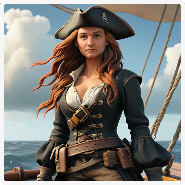 A person with long, flowing hair wearing a pirate hat and dark coat stands on a ship deck with the ocean in the background.