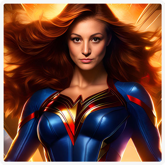 A woman with long red hair wearing a blue and gold superhero costume with a metallic emblem, set against a golden light.