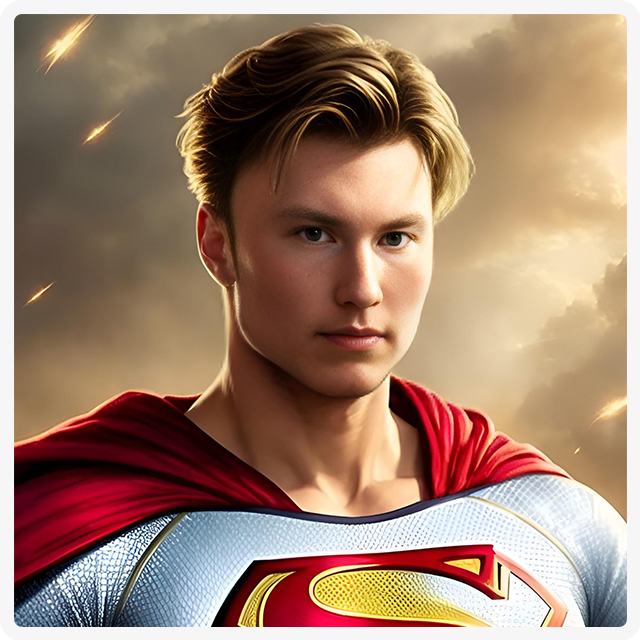A person dressed in a Superman costume with a red cape and blue textured suit against a cloudy, golden sky background.