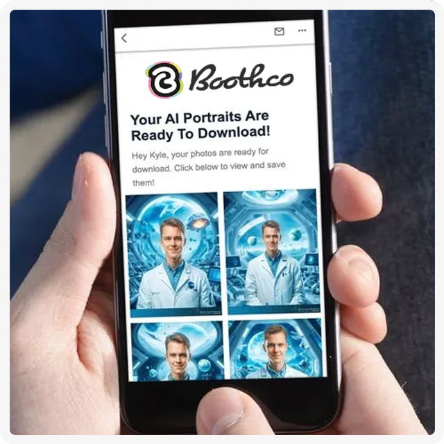 A person holds a smartphone showing a Boothco email with AI portraits of a man in a white lab coat.
