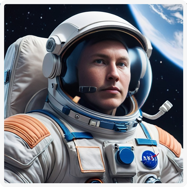 A space-suited astronaut looking forward against a backdrop of Earth and the starry expanse of space.