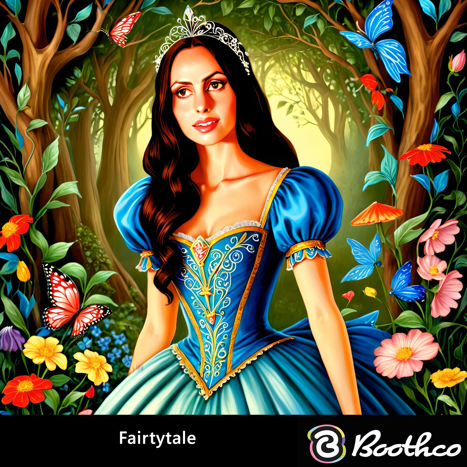A person in a tiara and blue ballgown standing in a forest filled with colorful flowers and butterflies.
