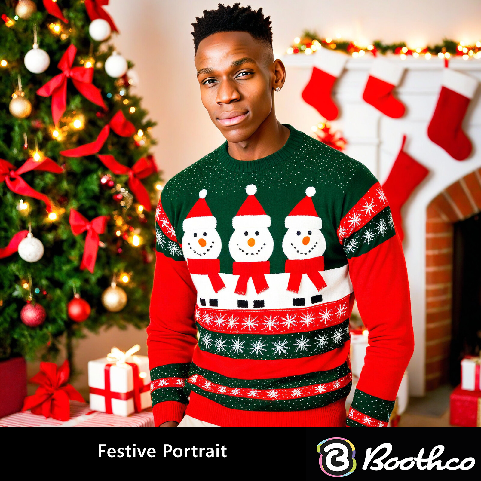 A person wearing a snowman-patterned Christmas sweater stands before a decorated tree and fireplace with stockings.