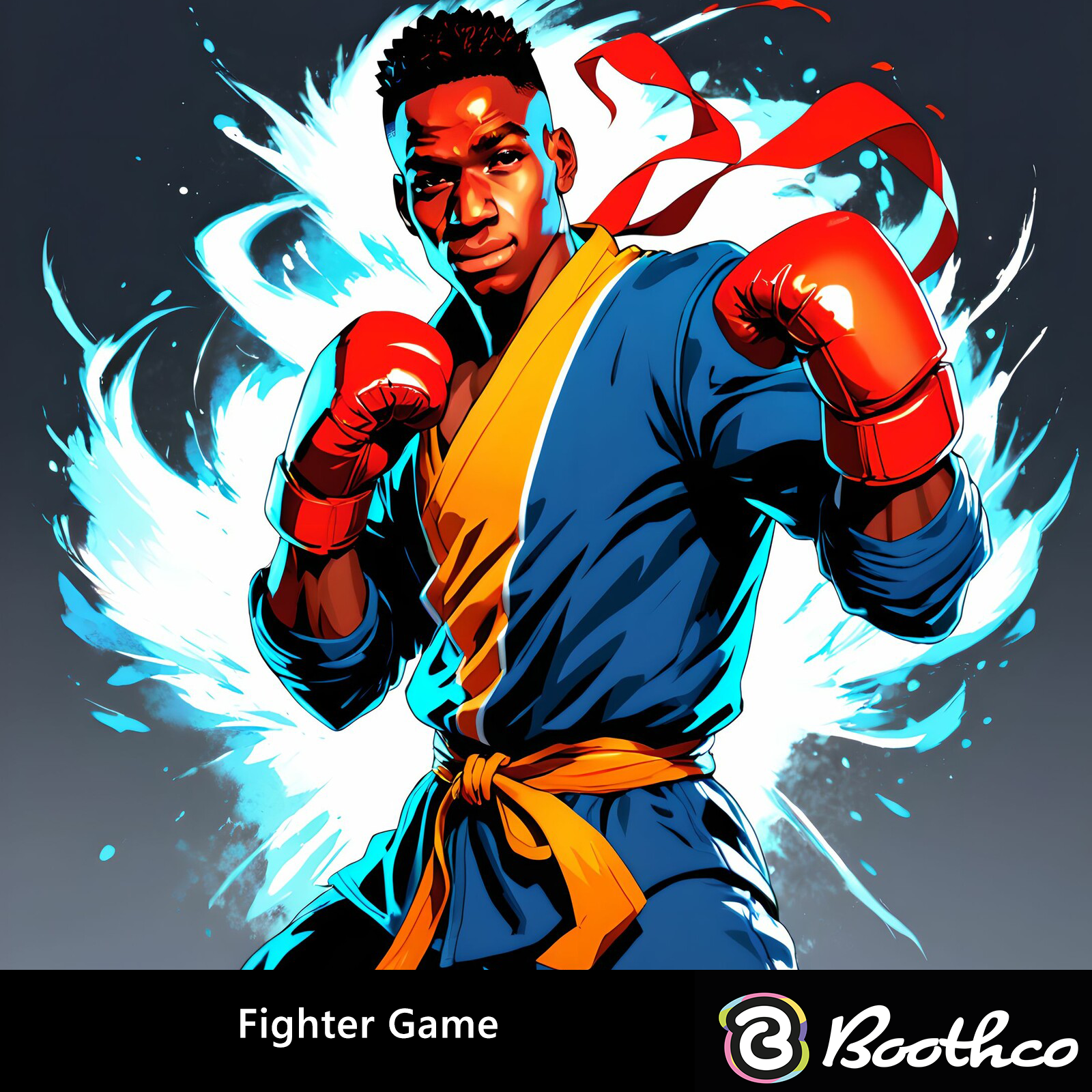 A person in a blue and yellow martial arts uniform and red boxing gloves stands in a fighting stance with glowing energy.