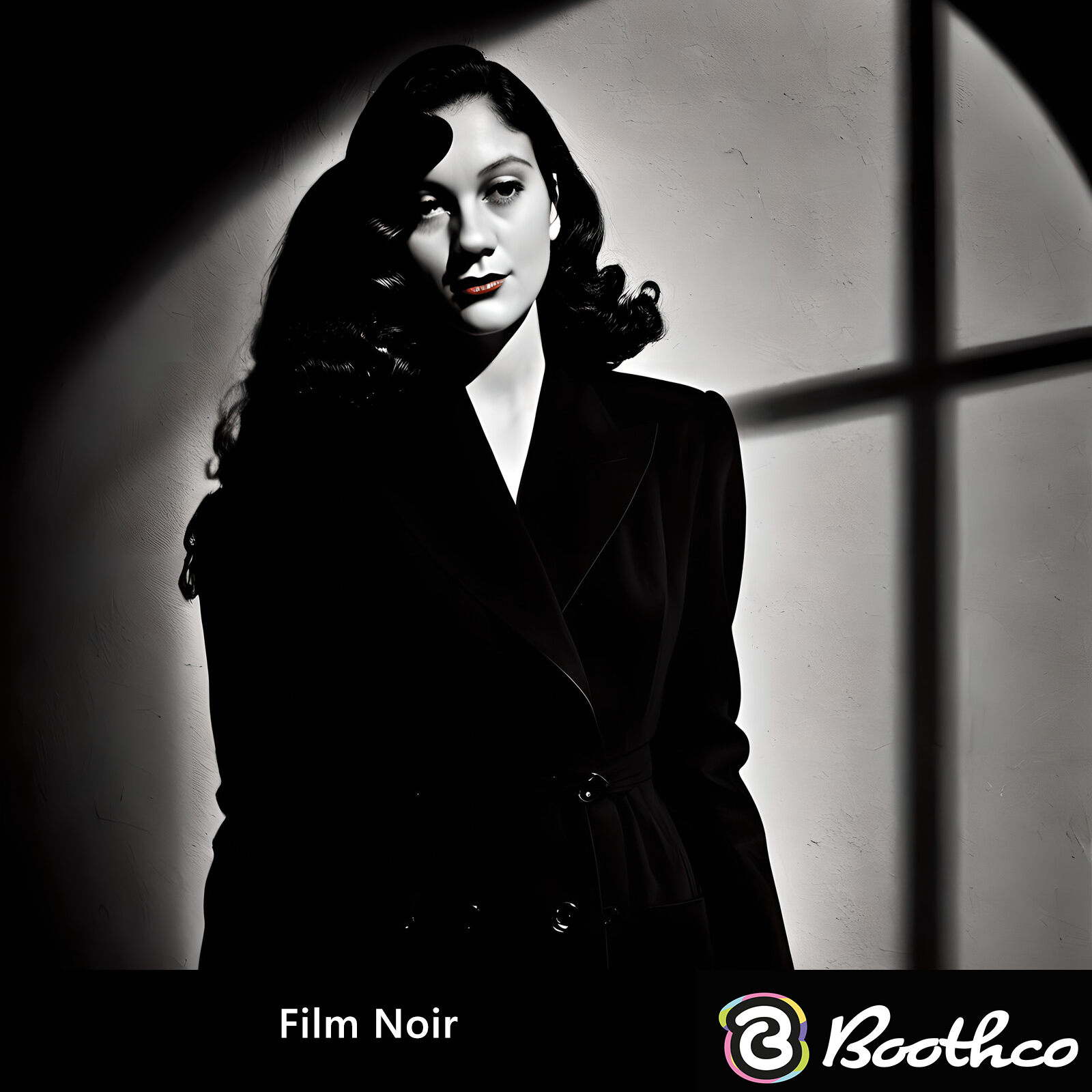 A person with dark, wavy hair poses in a sharp, black suit against a stark, high-contrast spotlight and cross-shaped shadow.