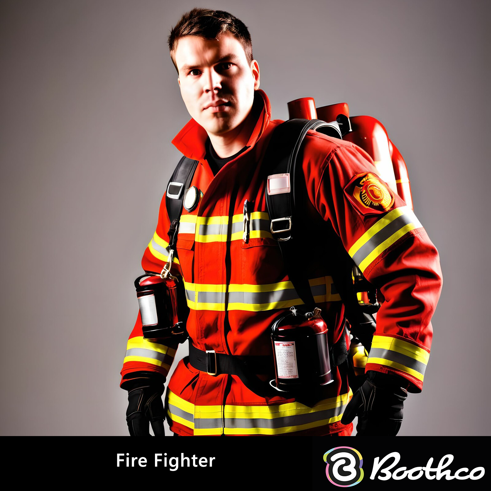 A person in a red firefighter suit and protective gear stands against a grey background, labeled 