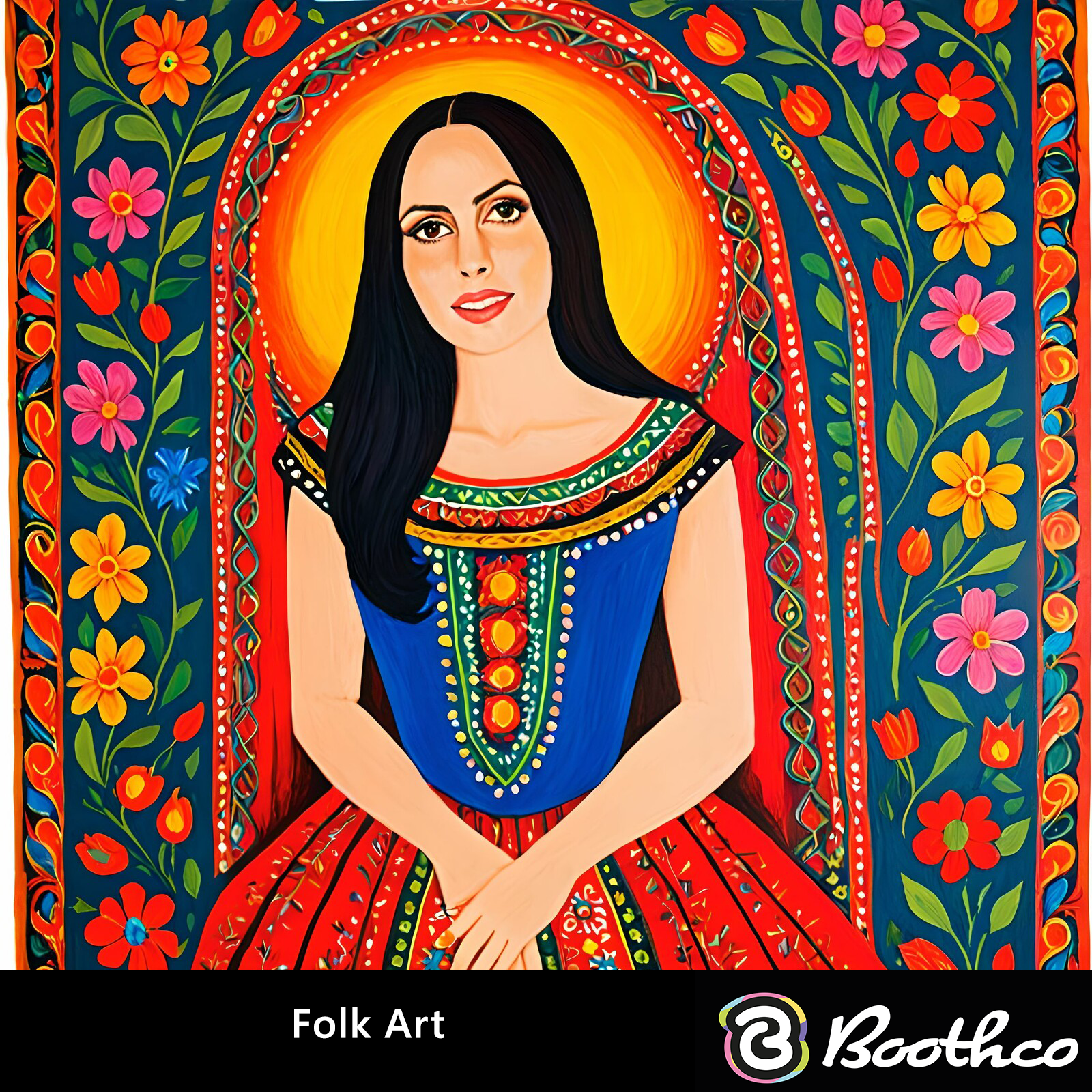 A portrait of a person with long black hair, wearing a colorful, ornate blouse, framed by vibrant floral folk art patterns.