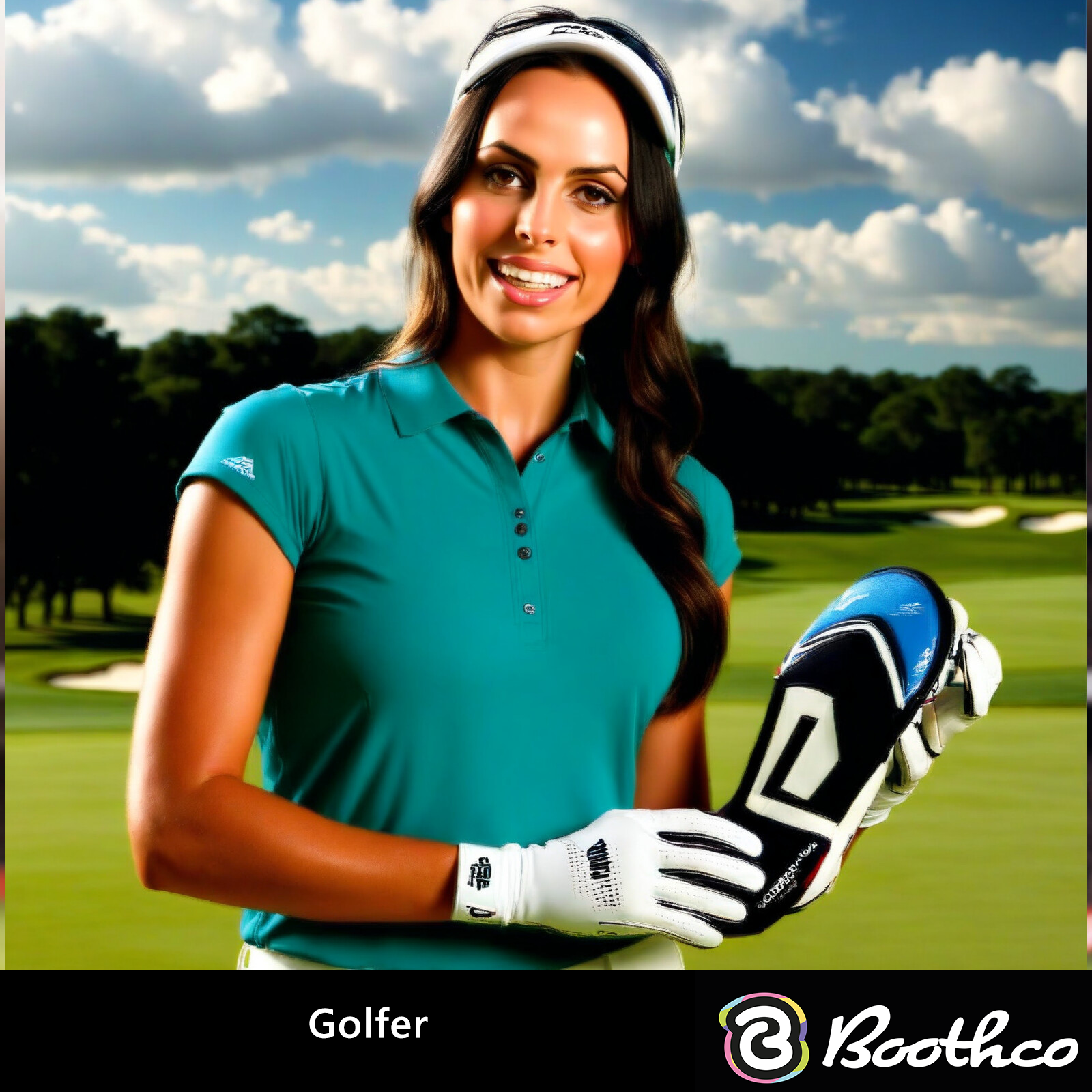 A person wearing a teal polo and visor smiles while holding a golf club headcover on a golf course.