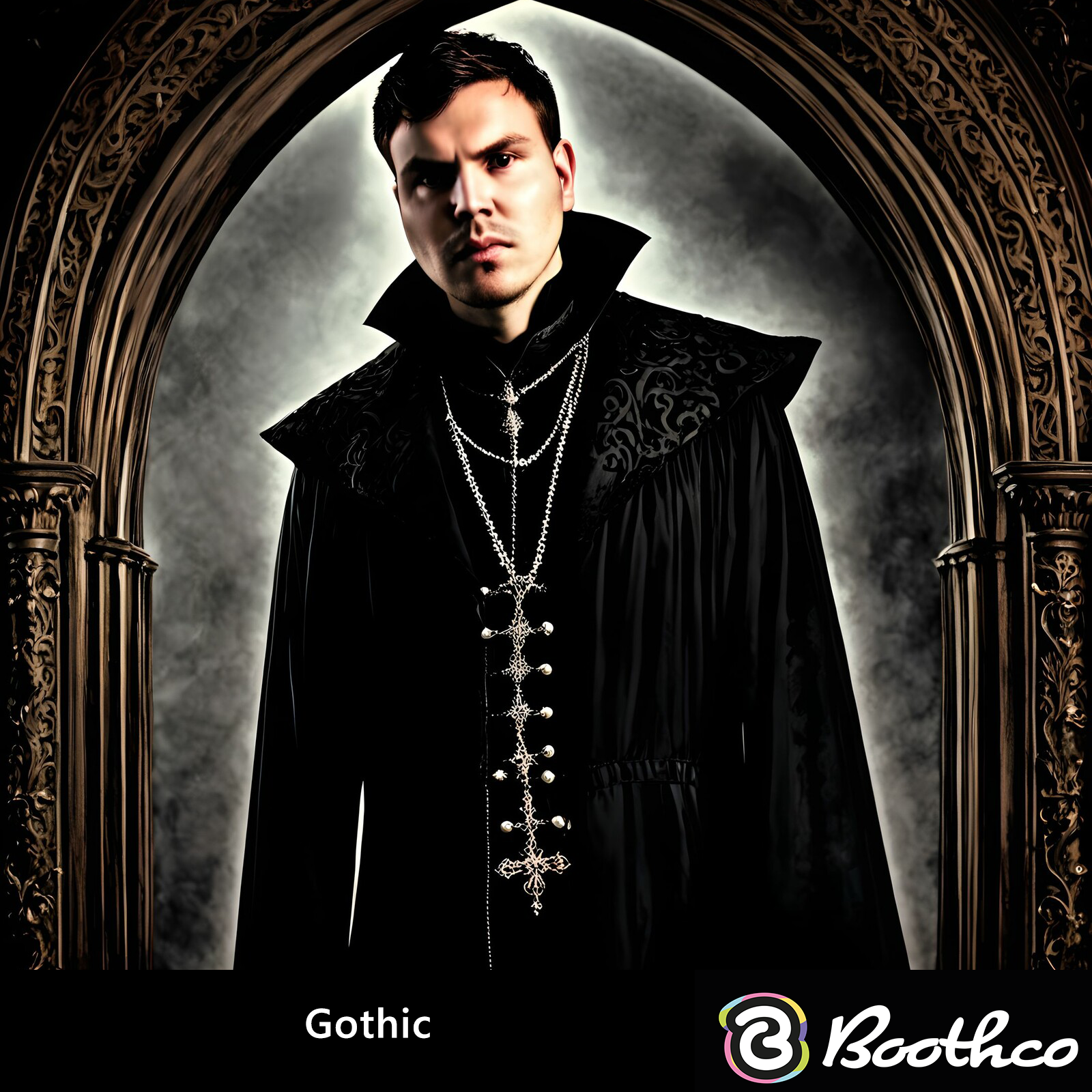 A person dressed in a formal black Gothic-style outfit with a long pendant stands before an arched doorway.