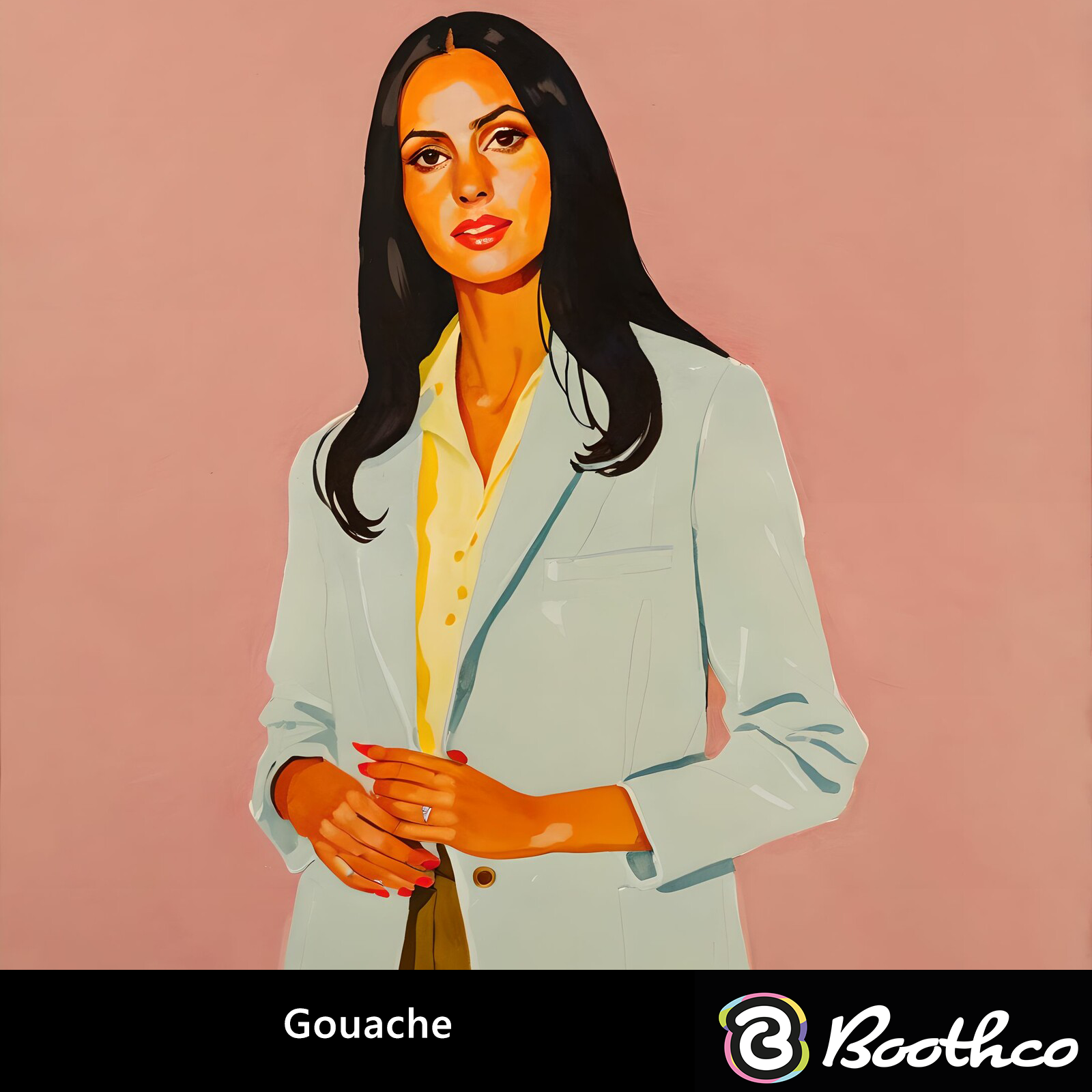 A gouache-style portrait of a person with long dark hair, wearing a light blue blazer over a yellow shirt.