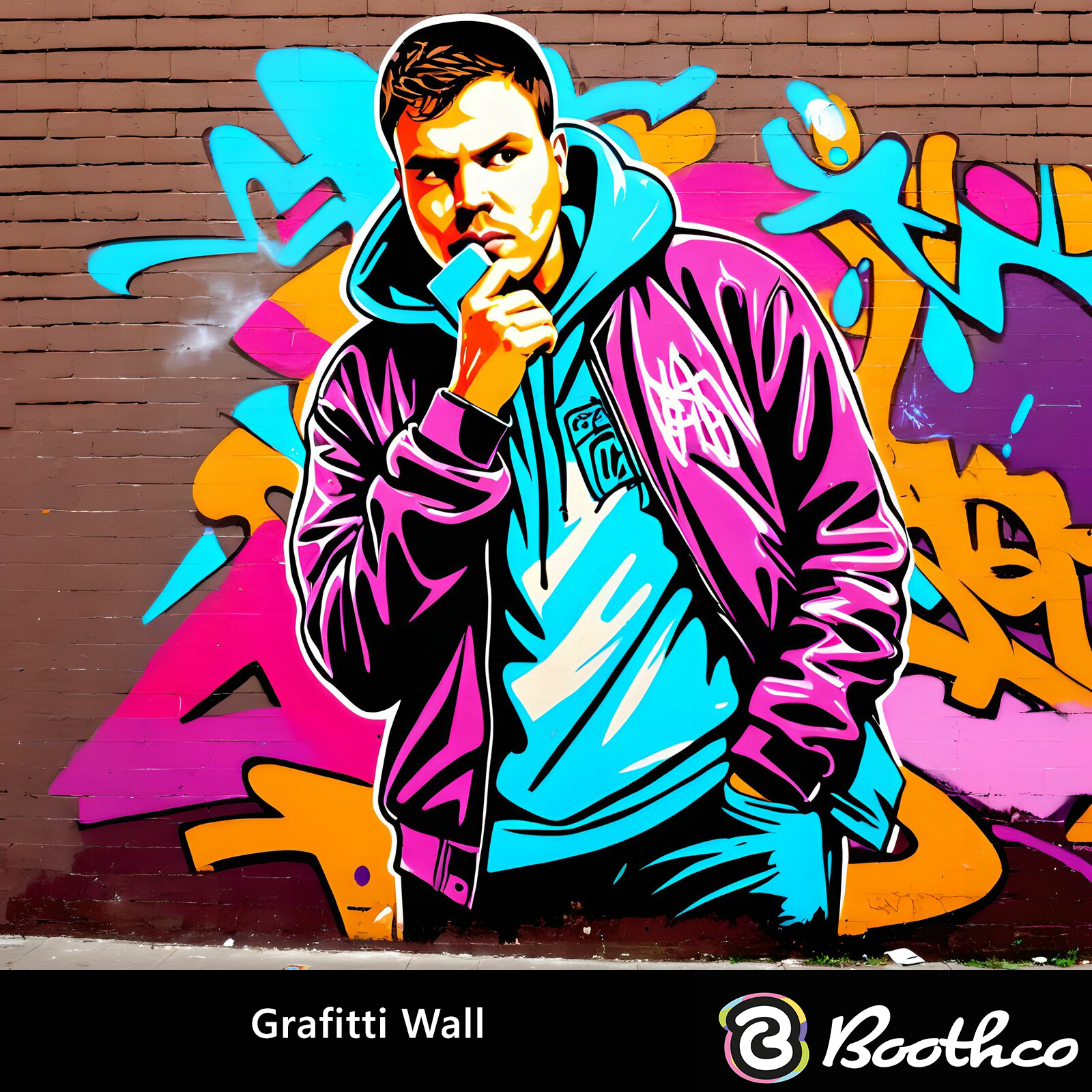 A person in a bright blue hoodie and purple jacket stands before a vibrant, multi-colored graffiti-covered brick wall.