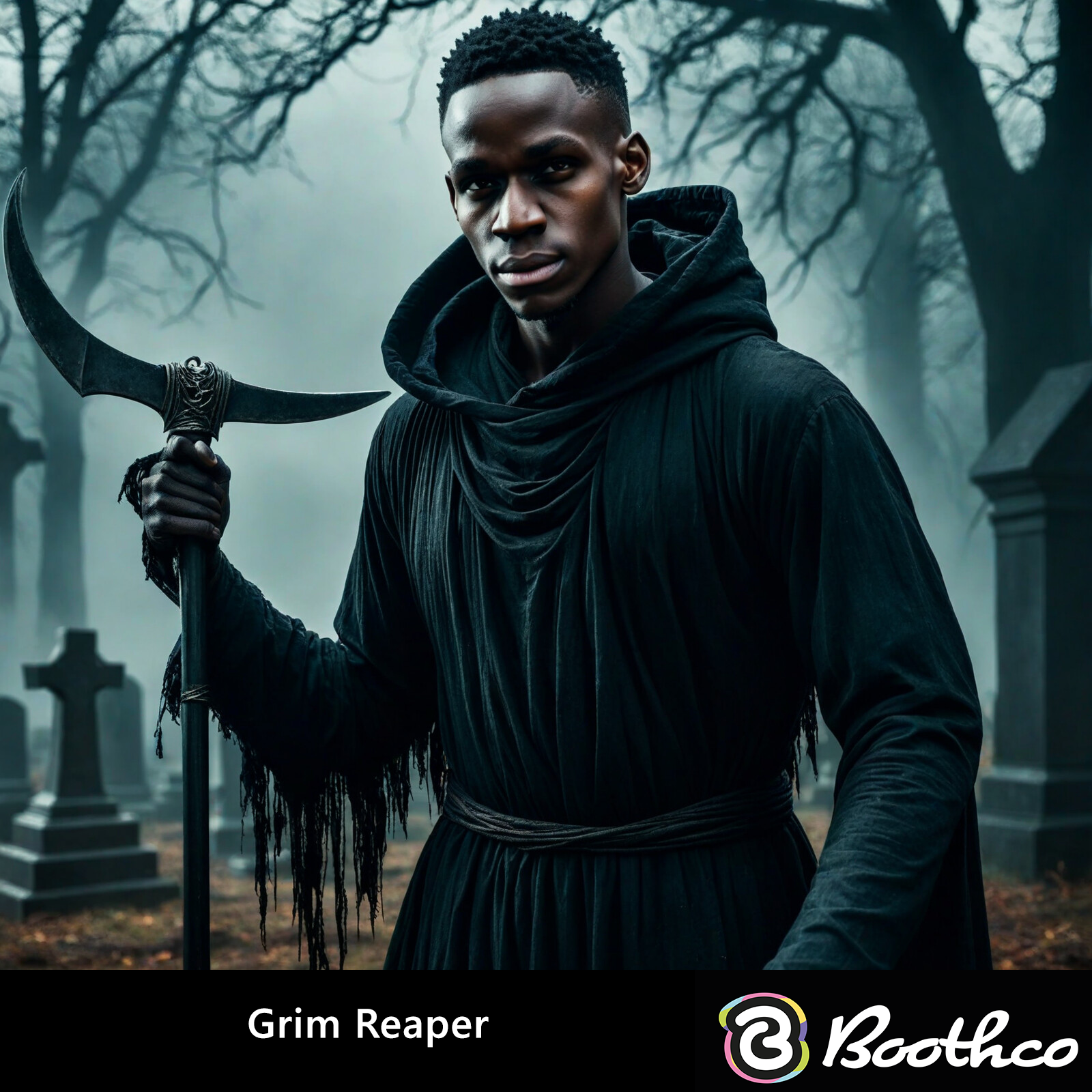 A person in a black hooded robe holding a scythe, standing in a foggy cemetery with gravestones.