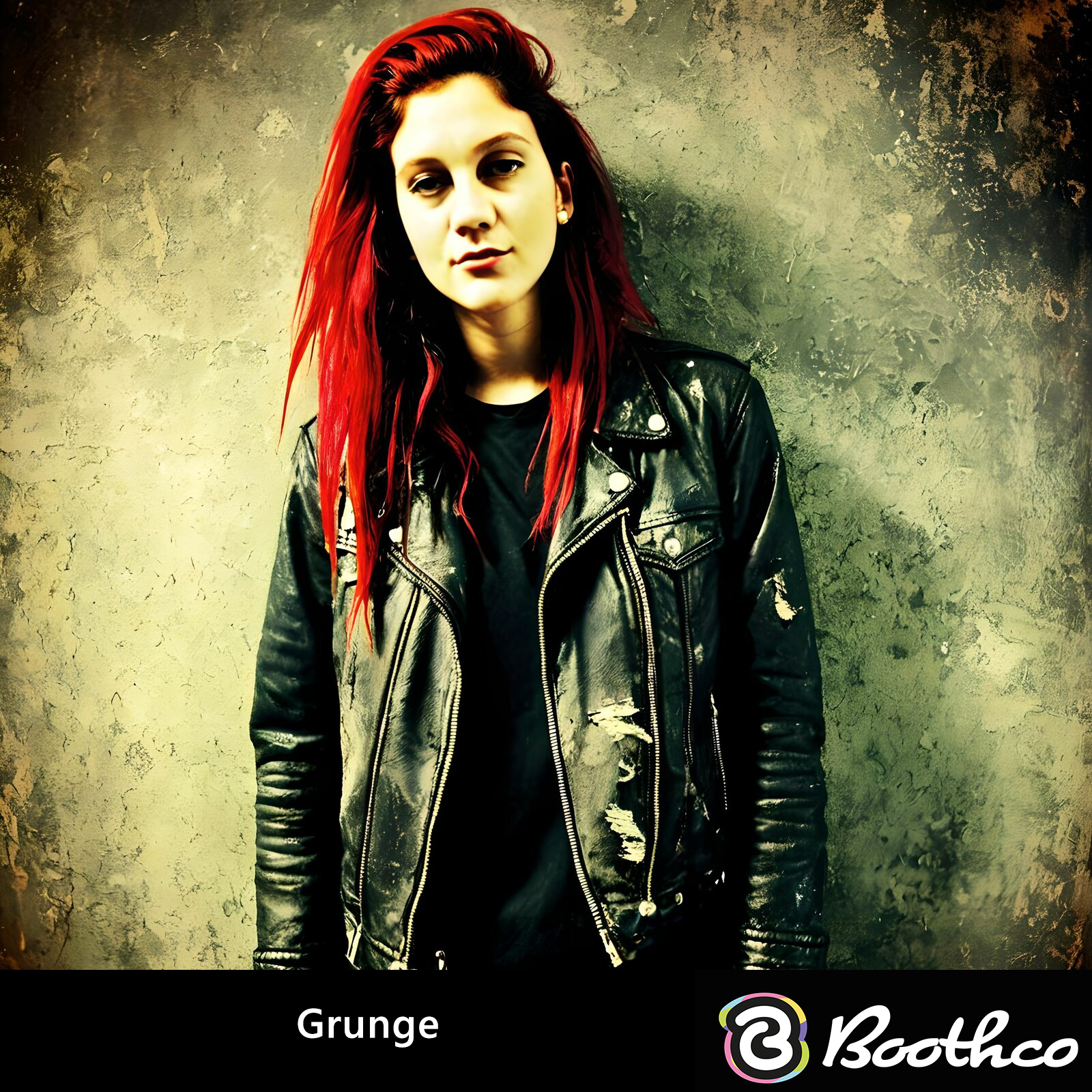 A person with vibrant red hair wears a black leather jacket against a weathered, textured gray wall background.