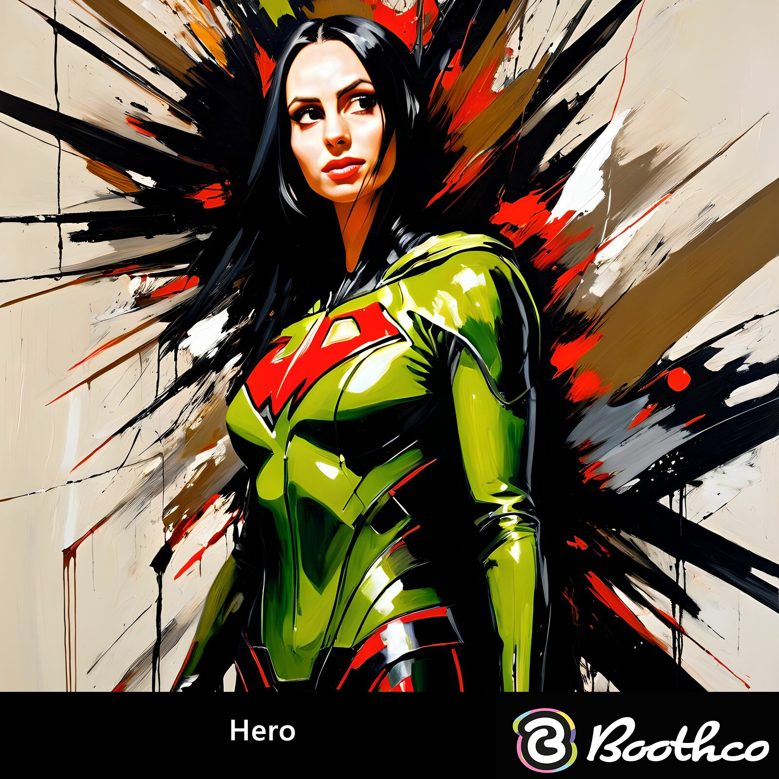 A stylized portrait of a figure in a green and red superhero suit against an abstract, paint-splattered background.
