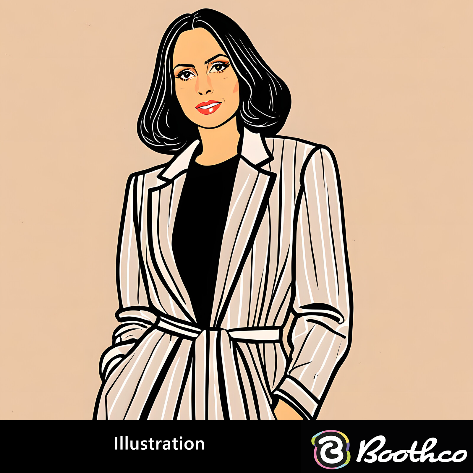 A stylized digital illustration of a person with shoulder-length dark hair wearing a pinstriped blazer over a black top.