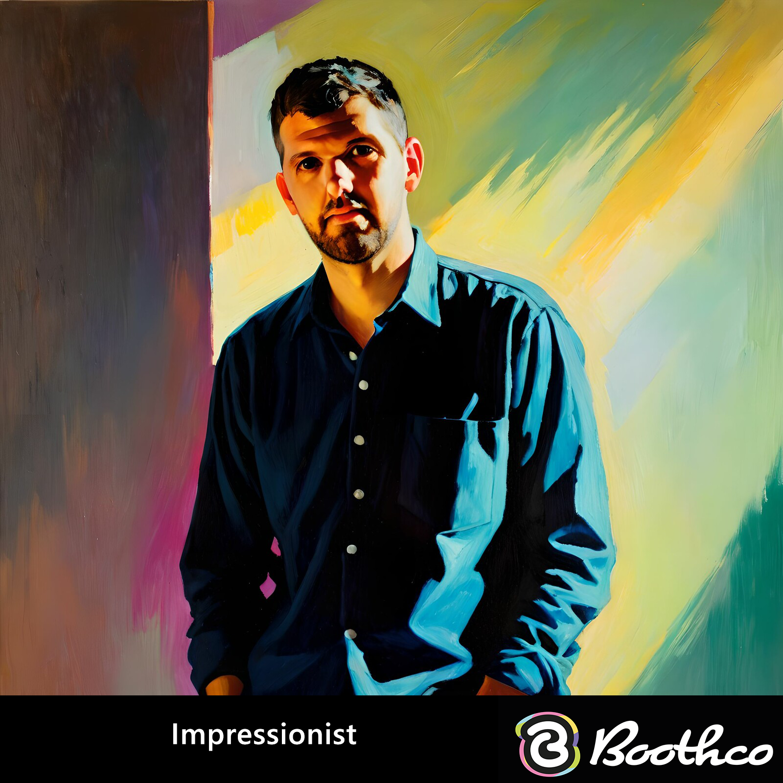 A person in a blue button-down shirt stands against an abstract, painterly background of colorful, sweeping strokes.