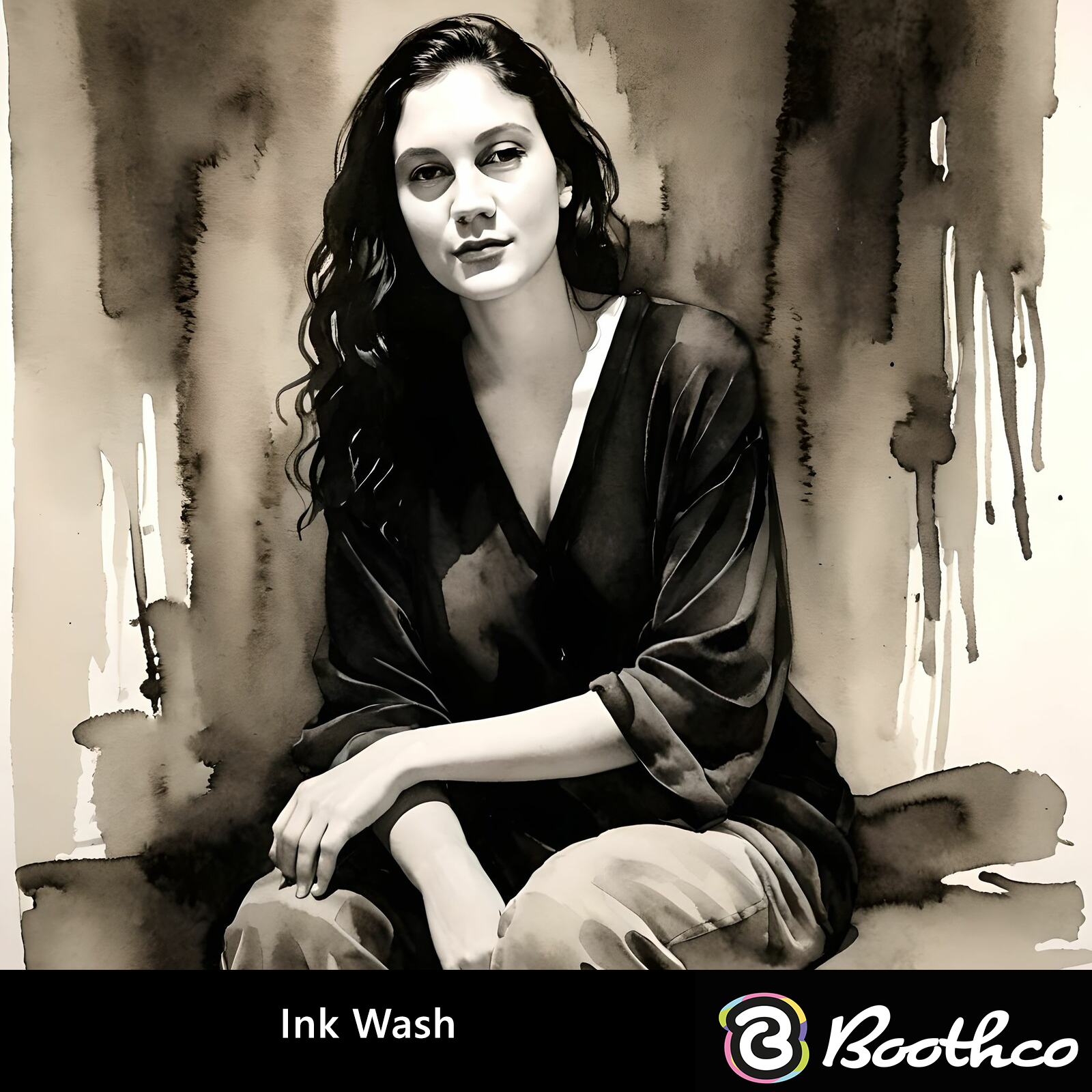 A monochromatic, ink wash-style portrait of a person with long hair, sitting and looking toward the viewer.