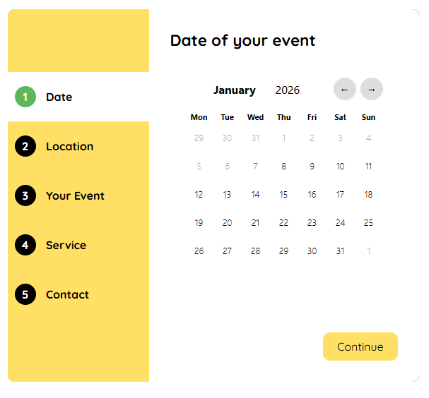 A web booking form showing a January 2026 calendar for selecting an event date, with a yellow side navigation menu.
