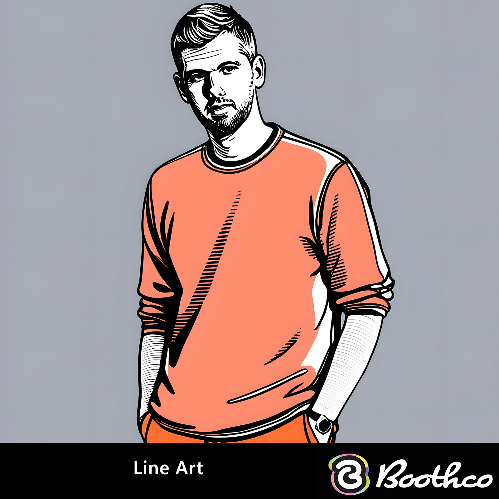 Line art of a person wearing a crewneck sweatshirt against a solid gray background.