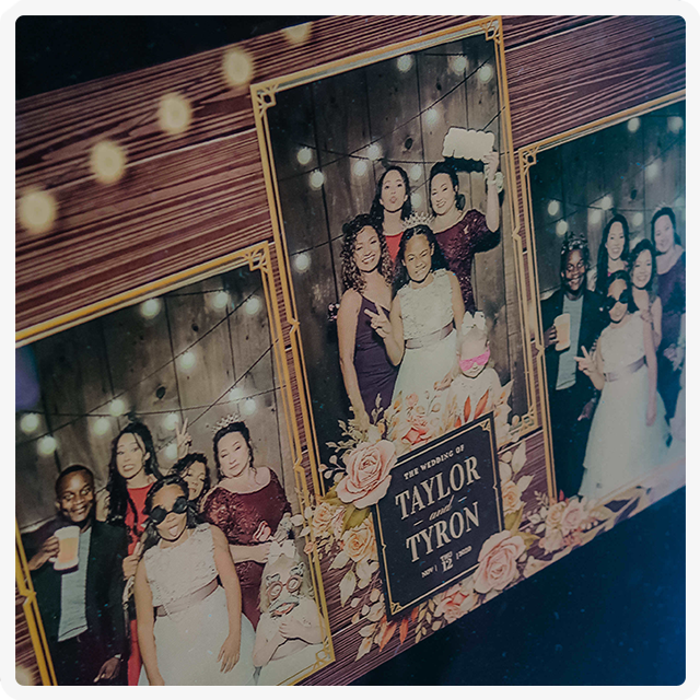 A photo booth strip for Taylor and Tyron’s wedding, featuring portraits of guests against a string-lit, rustic background.