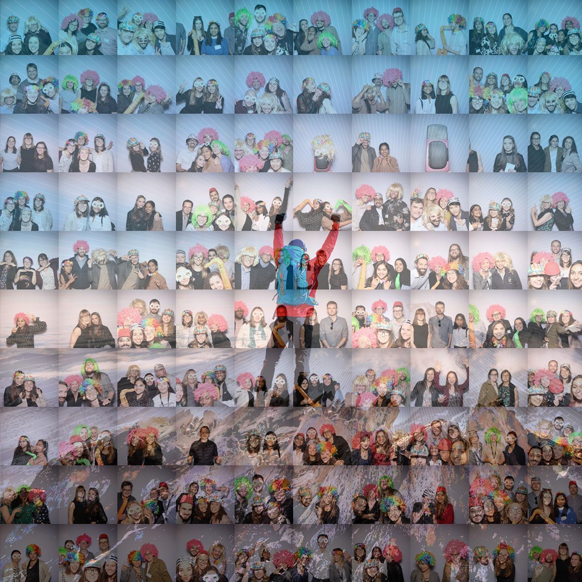 A grid of numerous photo booth strips featuring groups and individuals, overlaid by a silhouette of a person hiking.