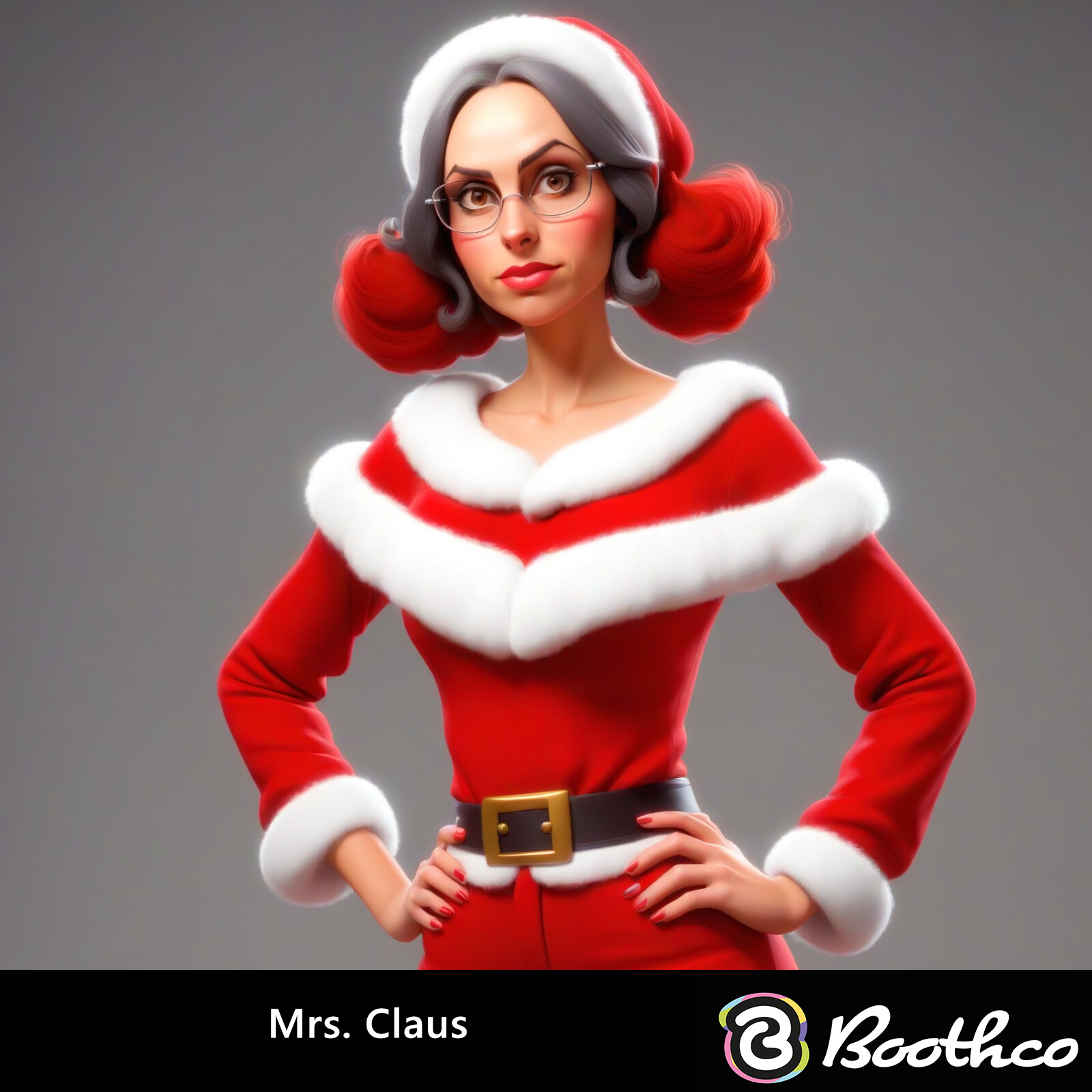 A stylized 3D character of Mrs. Claus wearing a festive red outfit with white fur trim, glasses, and a hat.