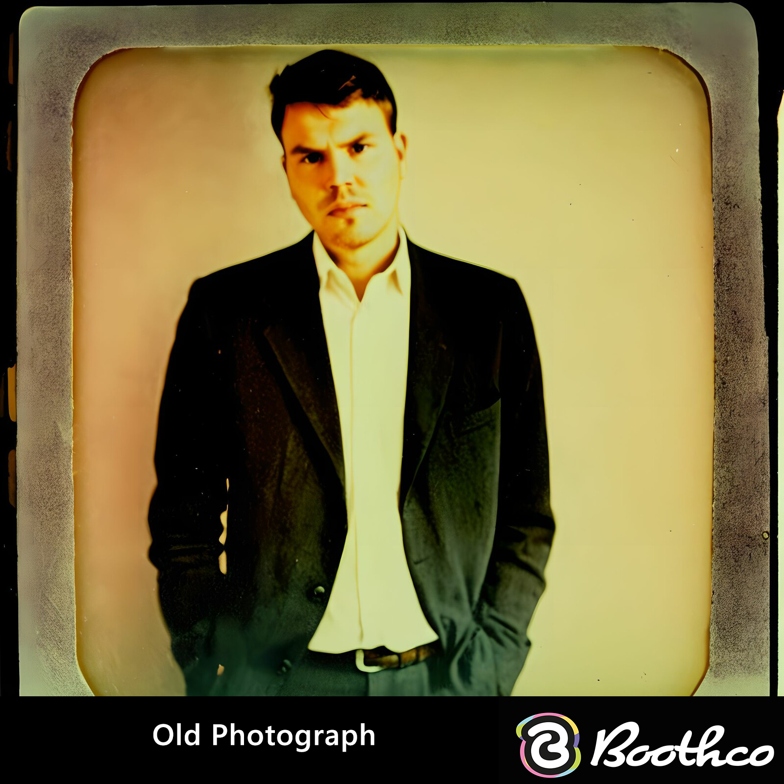A person in a dark suit and light shirt, hands in pockets, posed against a plain backdrop in a vintage-style photo.